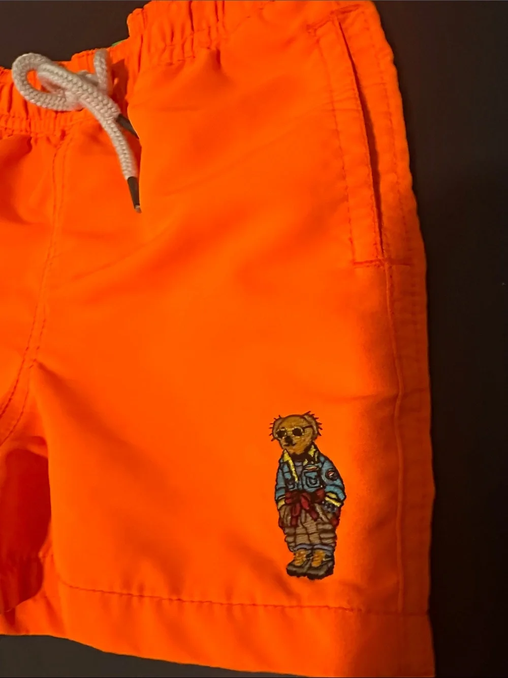 Ralph Lauren Orange Kids Swim Trunks with Teddy logo. Size 9-12 months